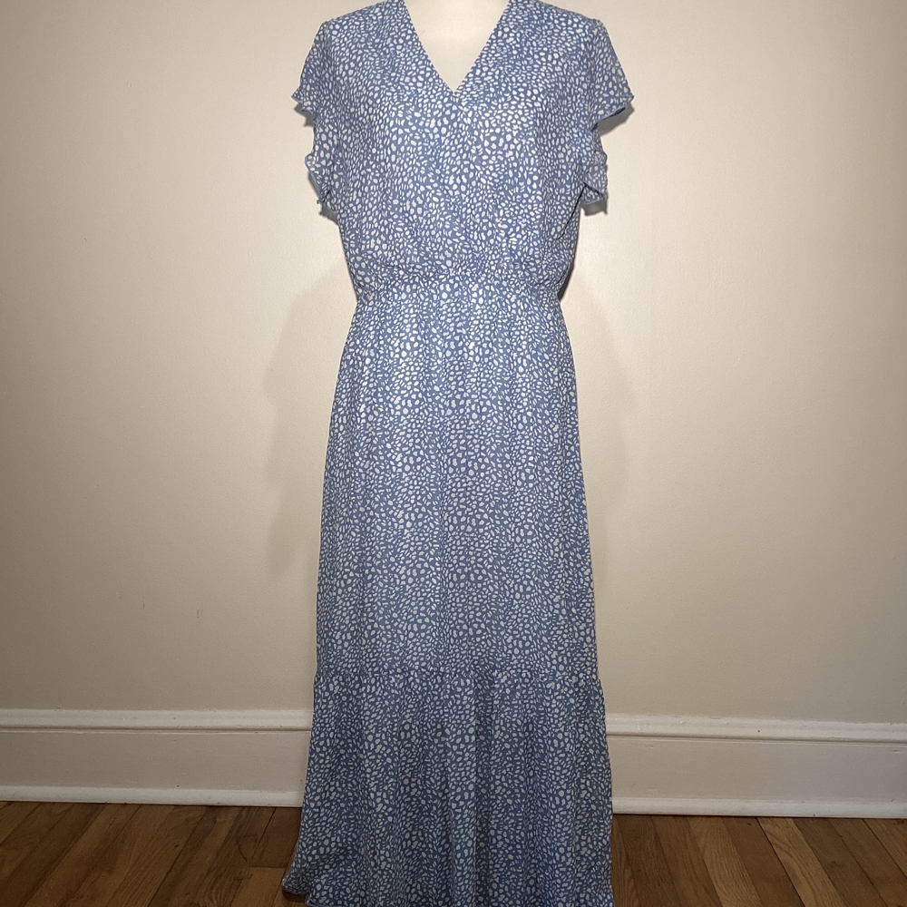 Fashion Blue and White Flutter Sleeve Maxi Dress